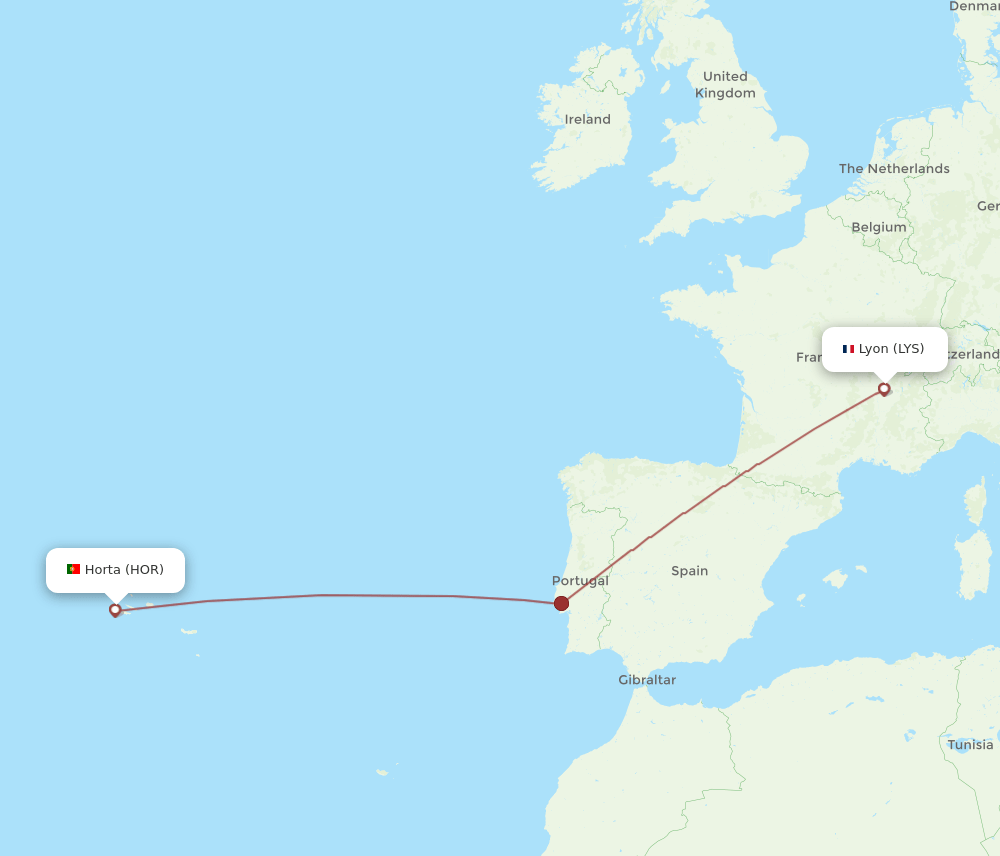 Horta (Azores) - Lyon route map and flight paths