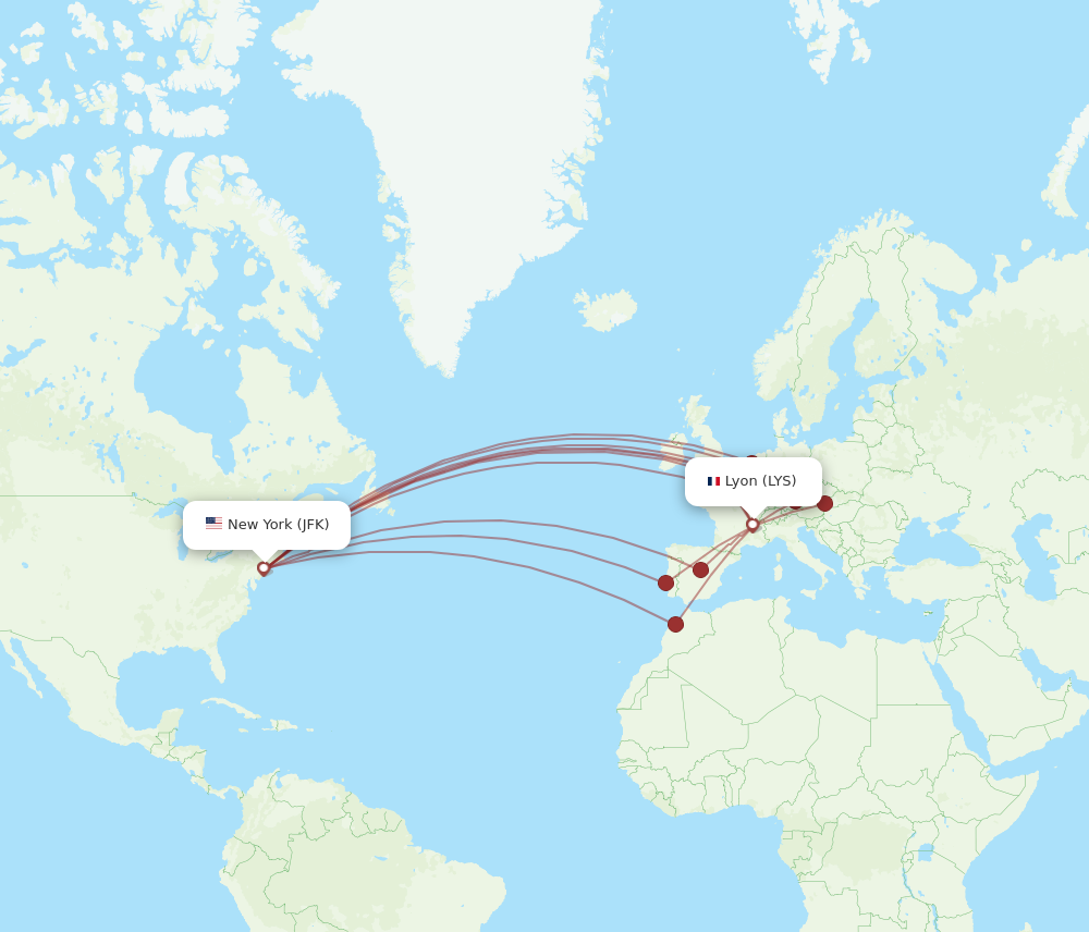 LYS to JFK flights and routes map