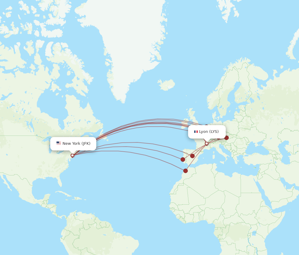 LYS to JFK flights and routes map