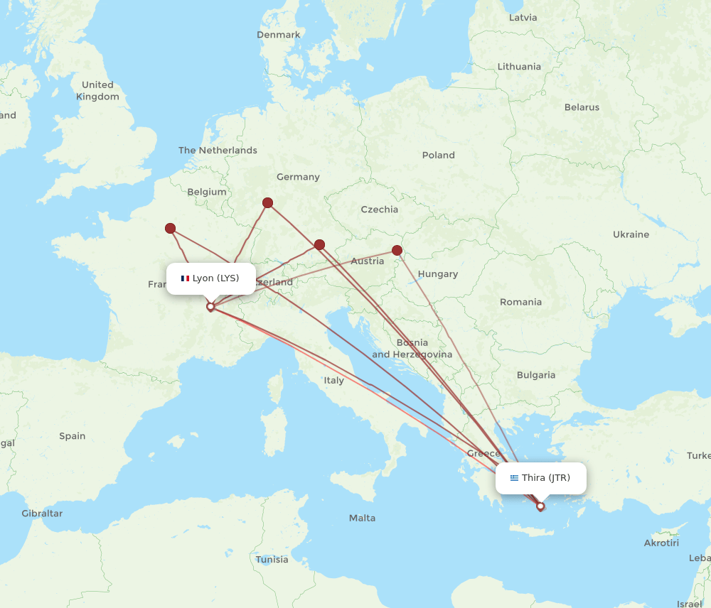 LYS to JTR flights and routes map
