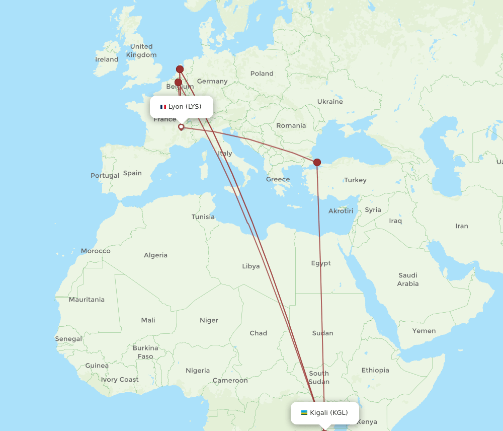 LYS to KGL flights and routes map