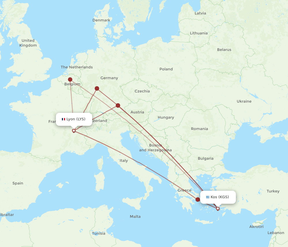 LYS to KGS flights and routes map