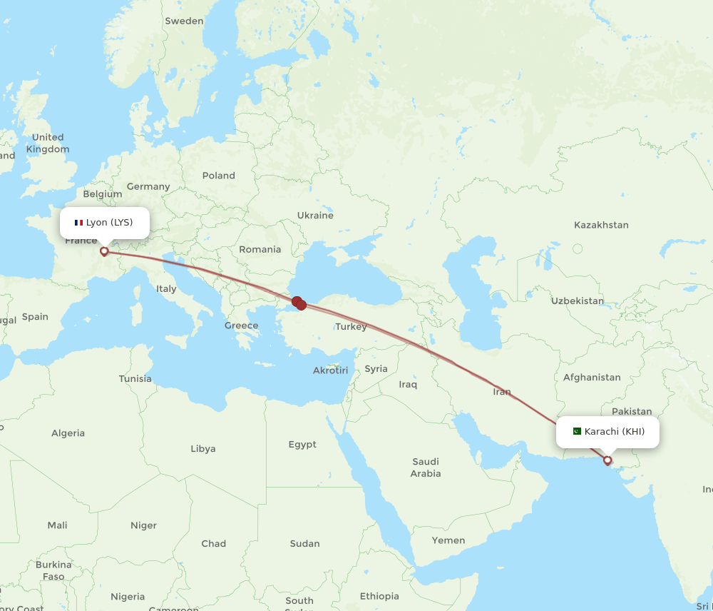 LYS to KHI flights and routes map