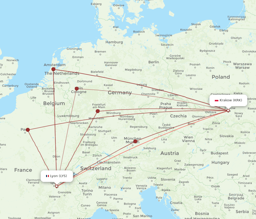 LYS-KRK flight routes