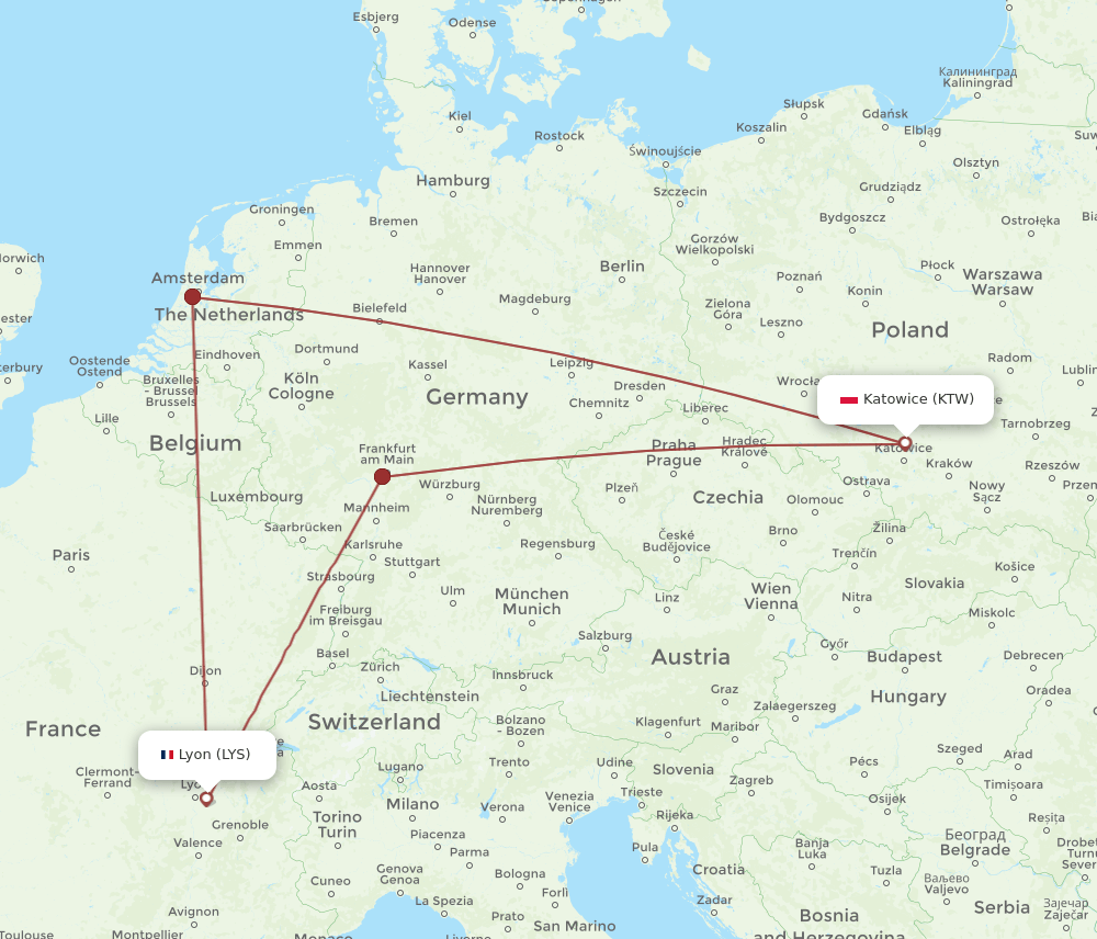 LYS to KTW flights and routes map
