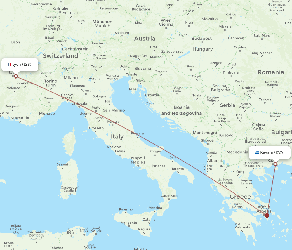 LYS-KVA flight routes