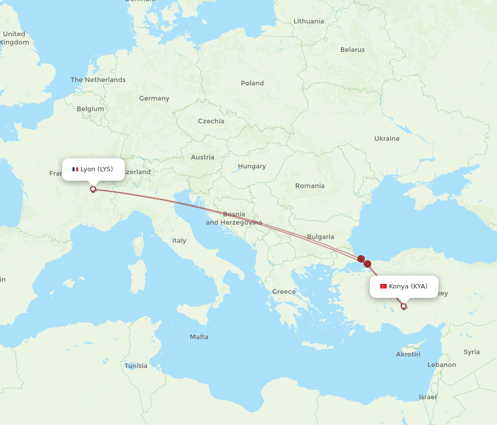 LYS to KYA flights and routes map