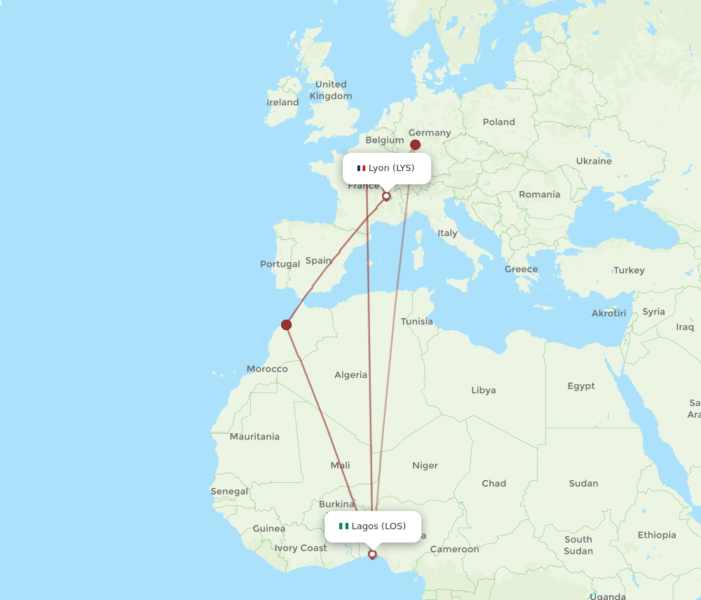 LYS to LOS flights and routes map
