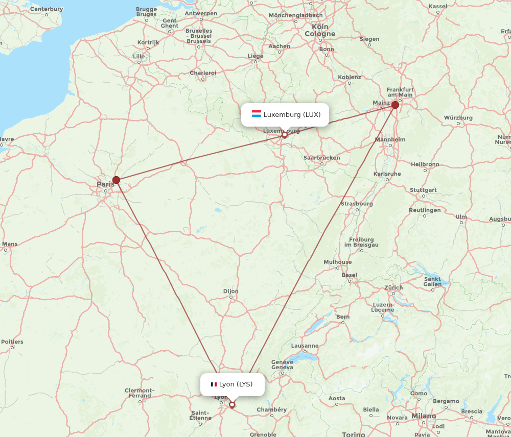 LYS to LUX flights and routes map