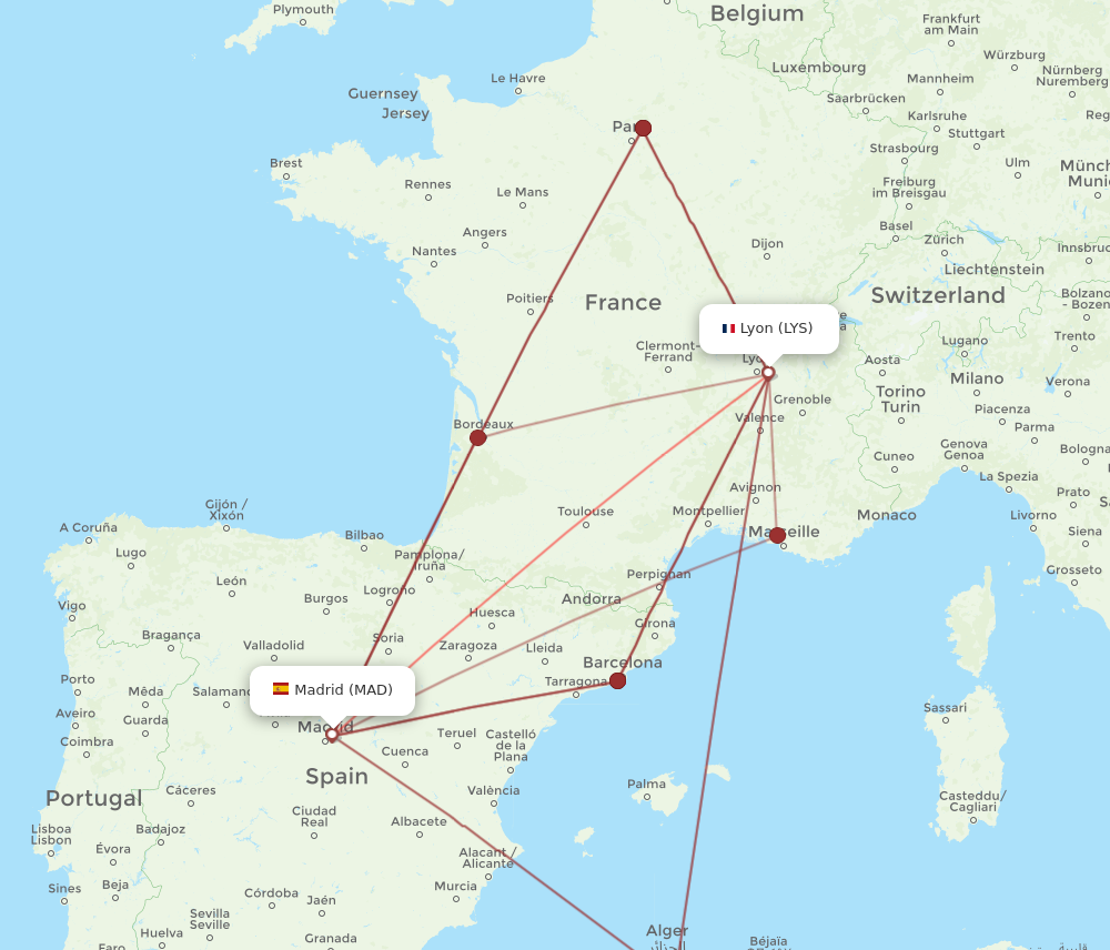 LYS to MAD flights and routes map