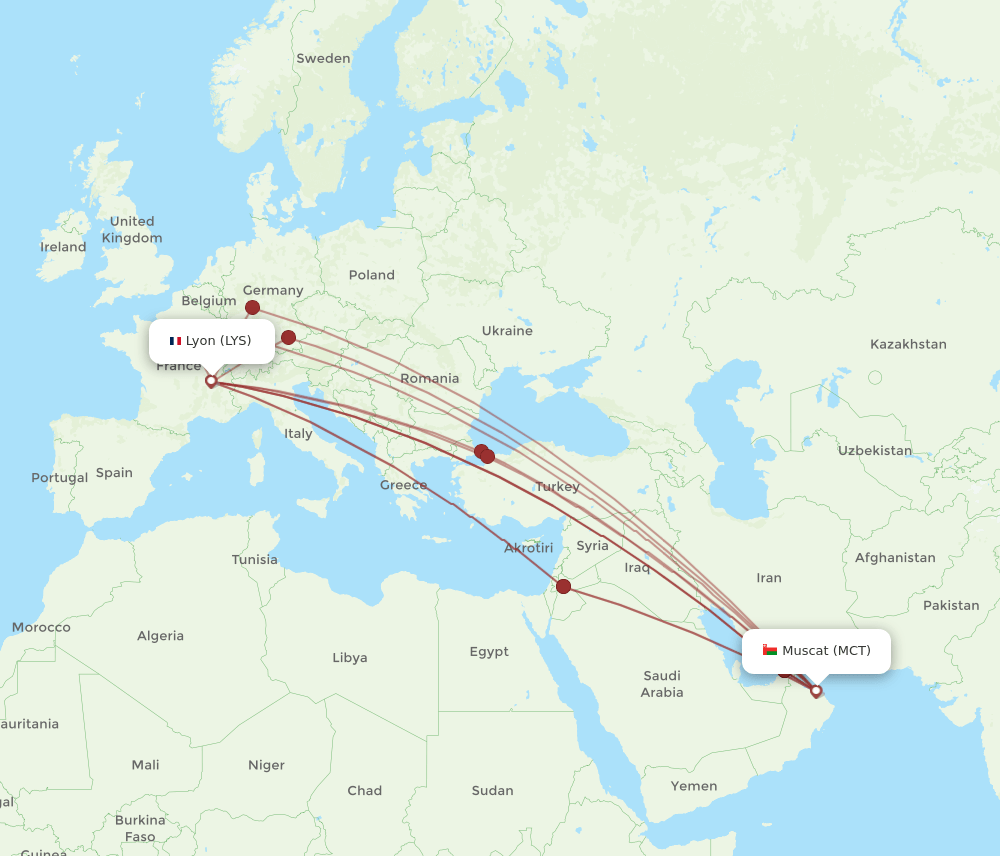 LYS to MCT flights and routes map
