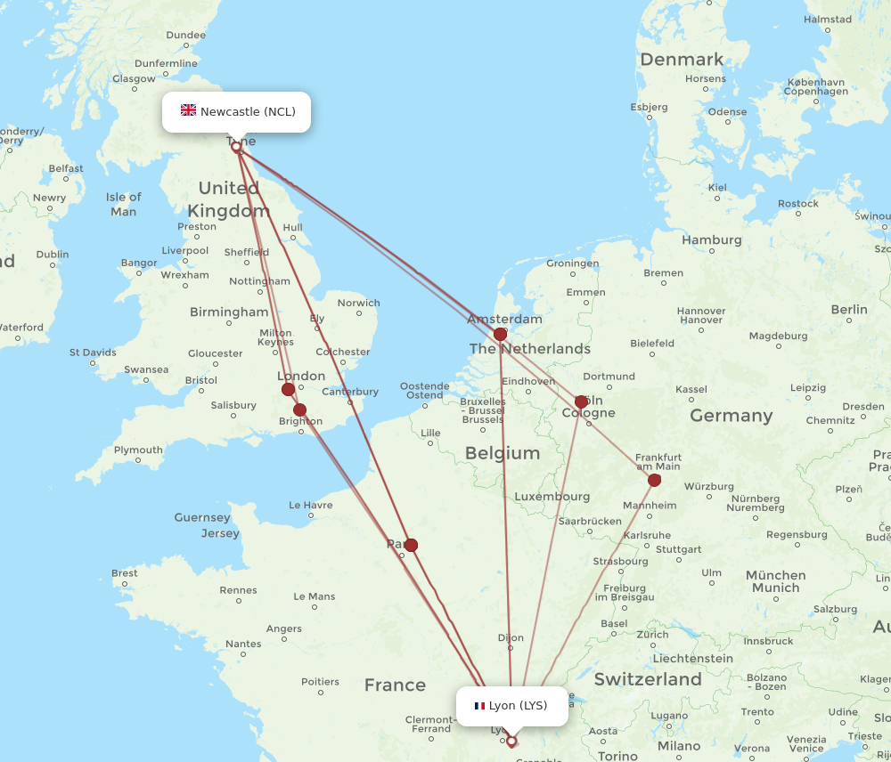 LYS to NCL flights and routes map