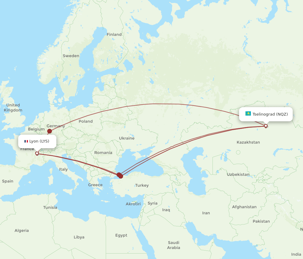 LYS-NQZ flight routes