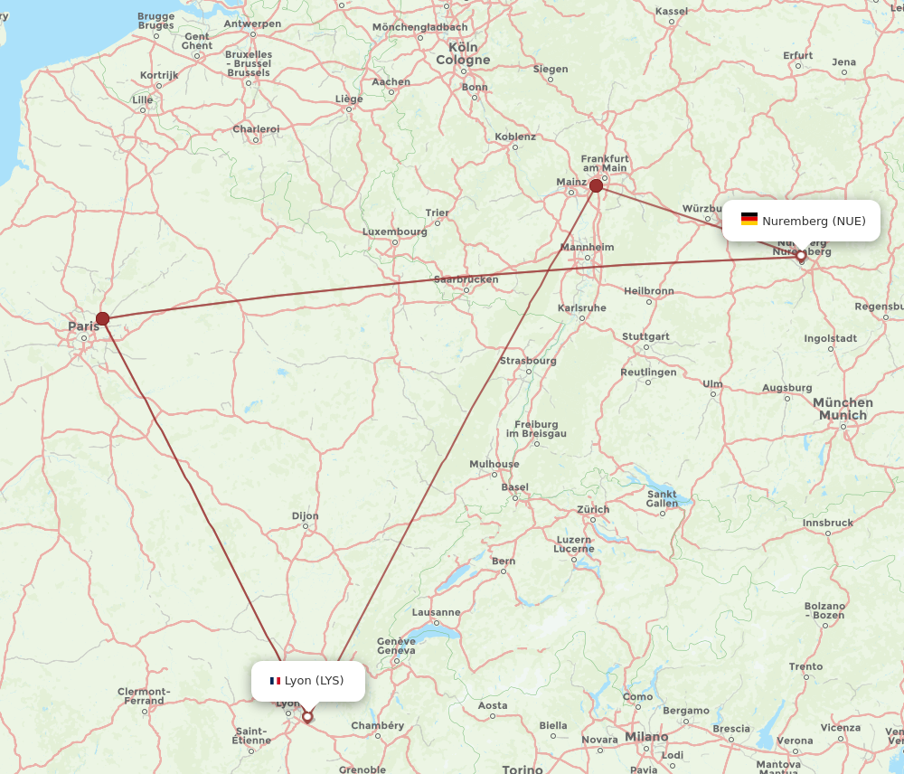 LYS to NUE flights and routes map
