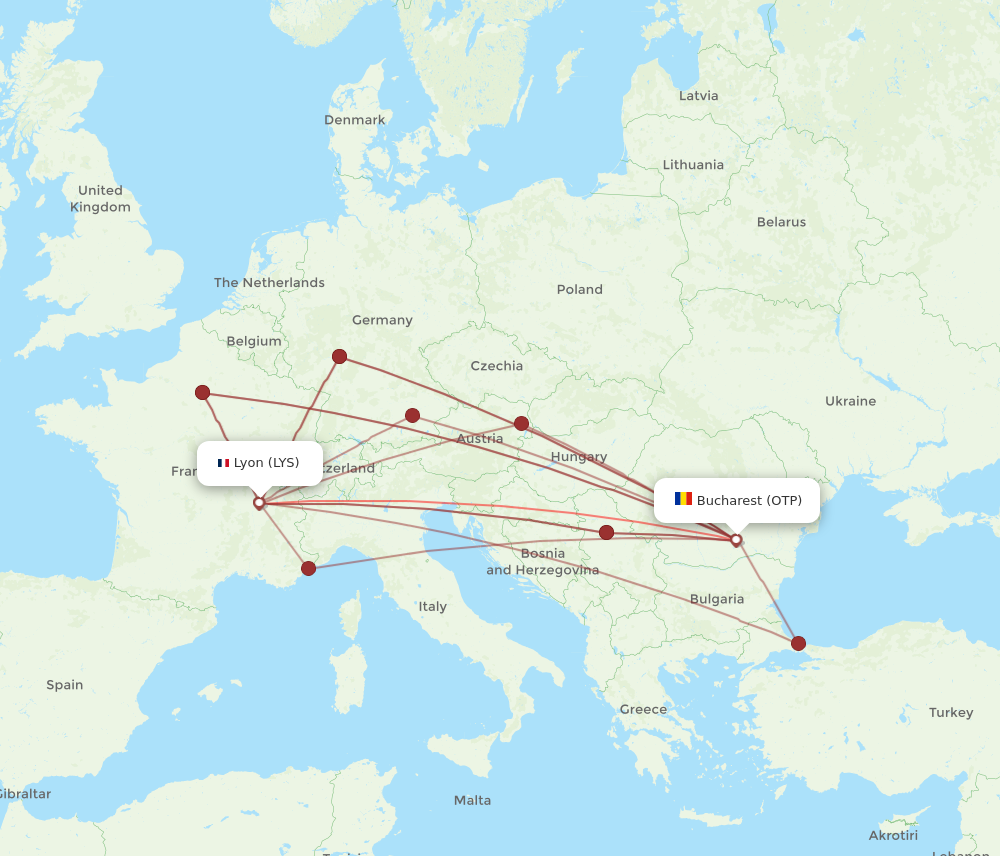 LYS to OTP flights and routes map