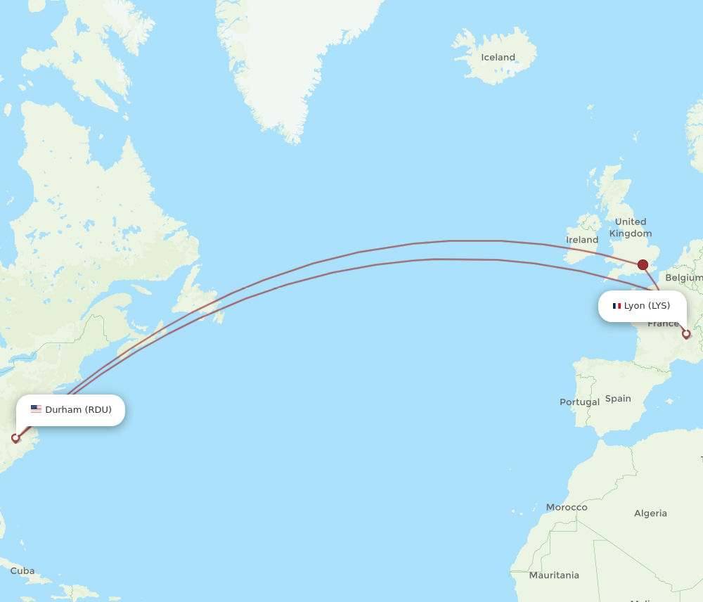 LYS to RDU flights and routes map