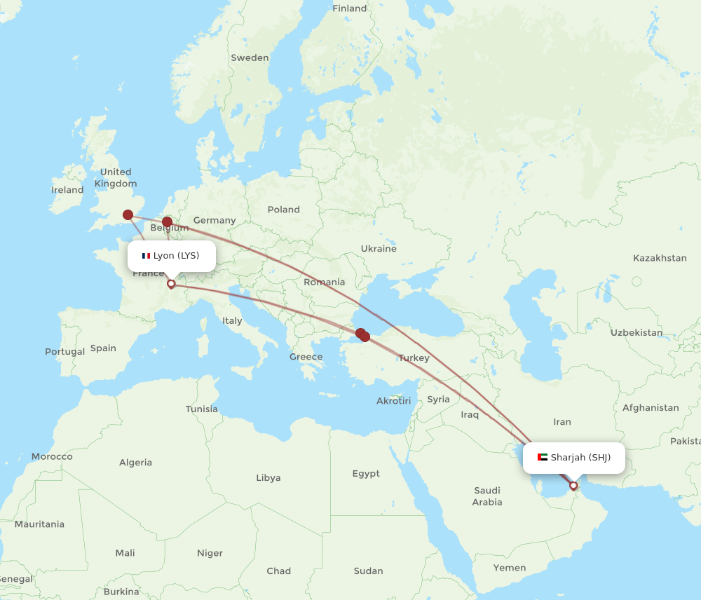 LYS to SHJ flights and routes map