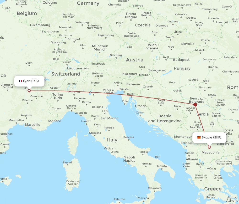 LYS-SKP flight routes