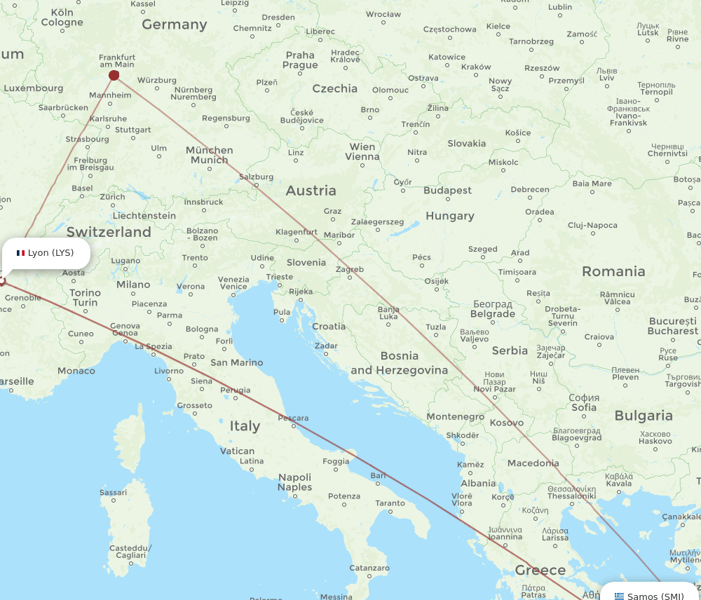 Samos - Lyon route map and flight paths