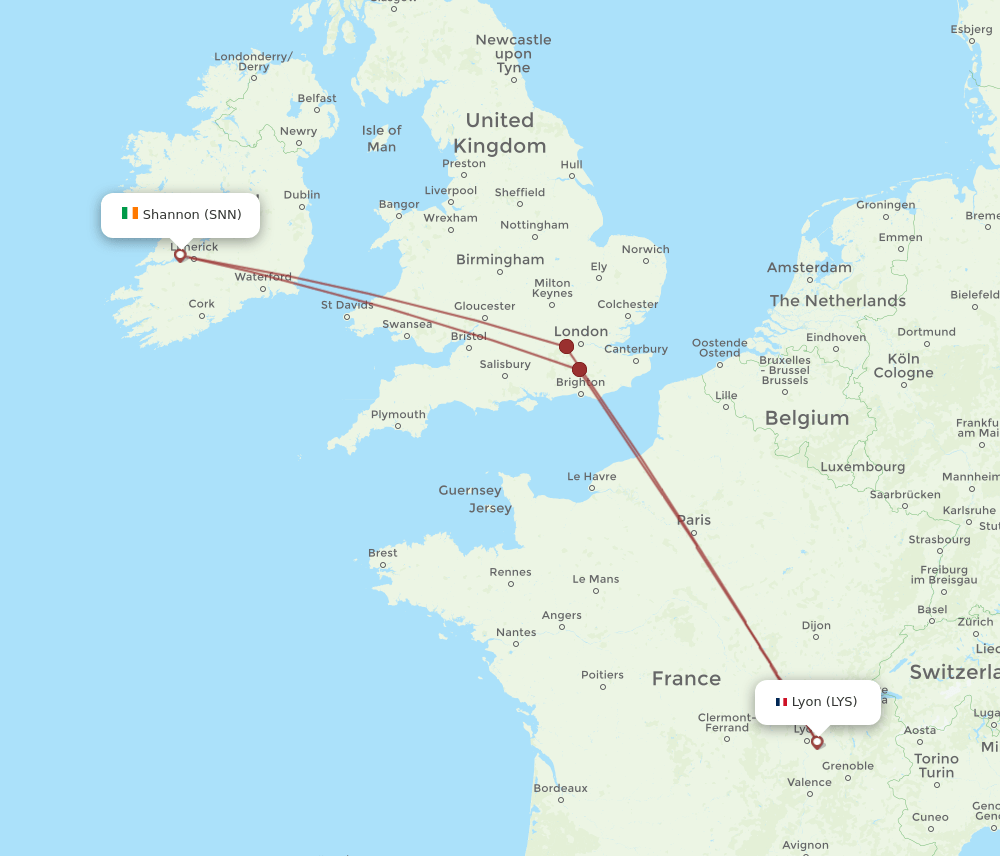 LYS to SNN flights and routes map
