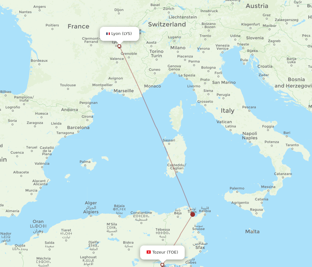 LYS-TOE flight routes