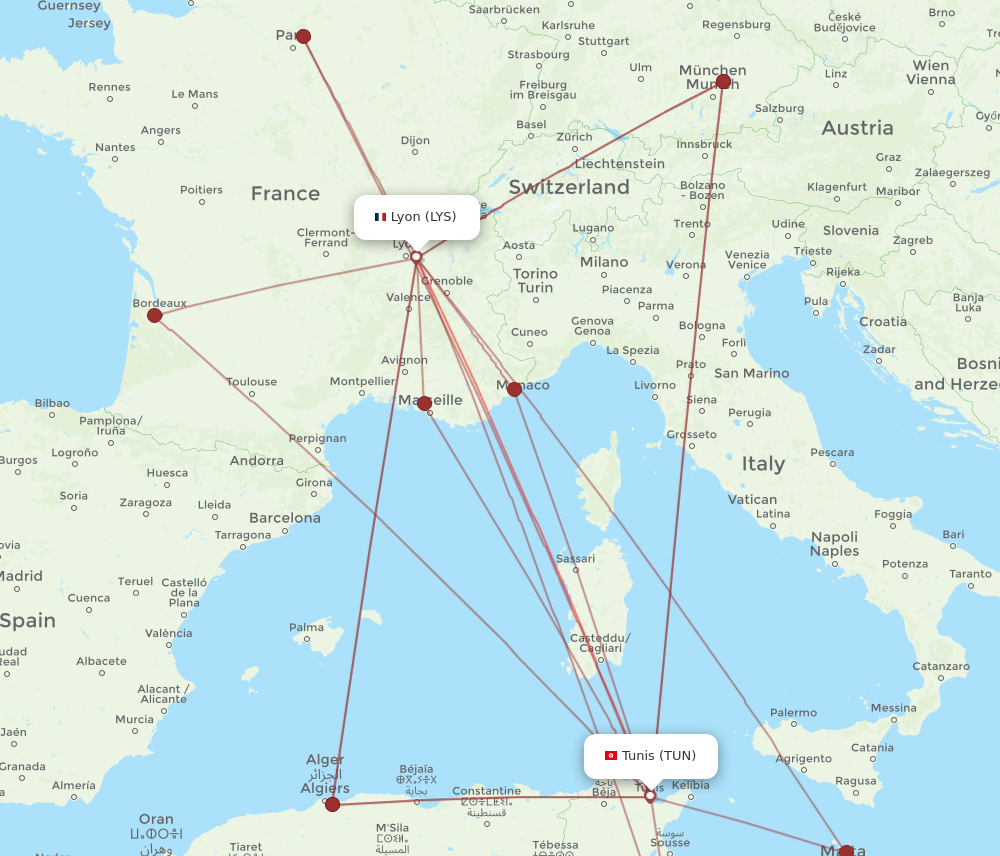 LYS to TUN flights and routes map