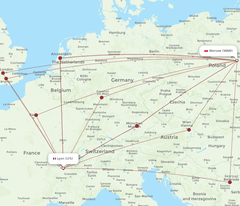 LYS-WAW flight routes