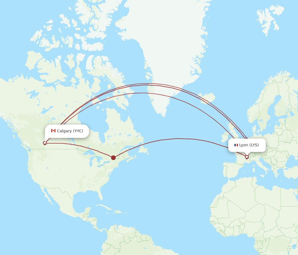 Calgary - Lyon route map and flight paths