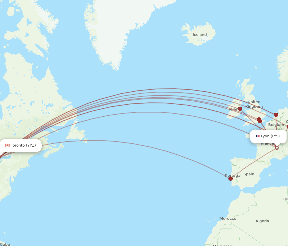 Toronto - Lyon route map and flight paths