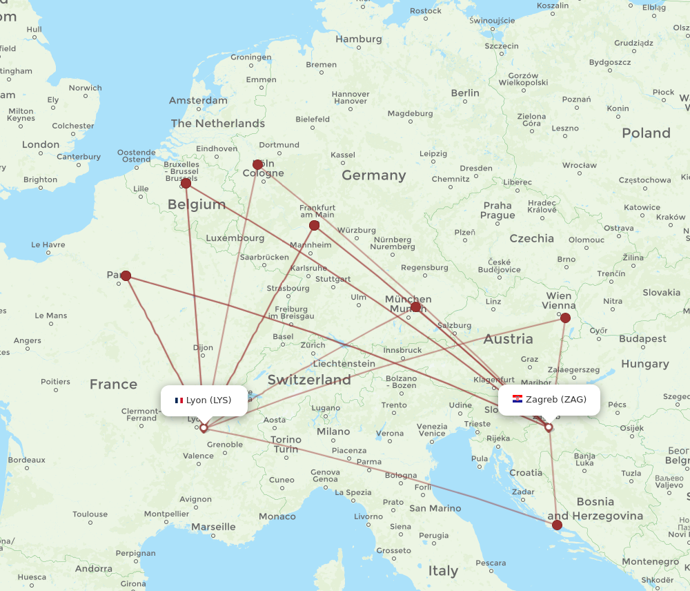 LYS to ZAG flights and routes map