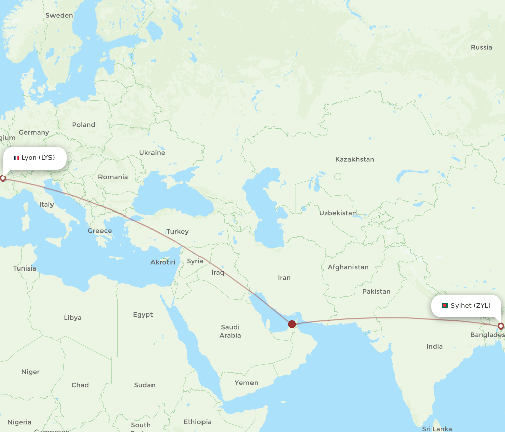 LYS-ZYL flight routes
