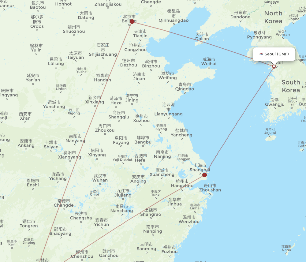 Seoul - Liuzhou route map and flight paths