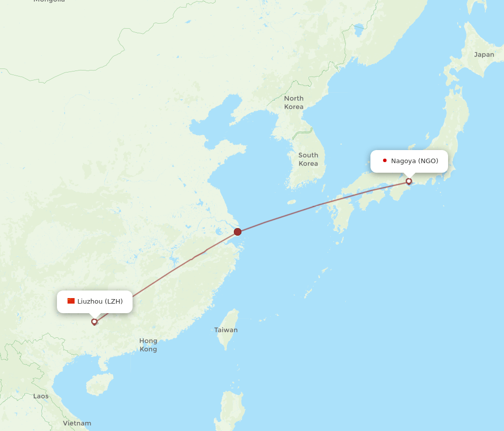 Nagoya - Liuzhou route map and flight paths