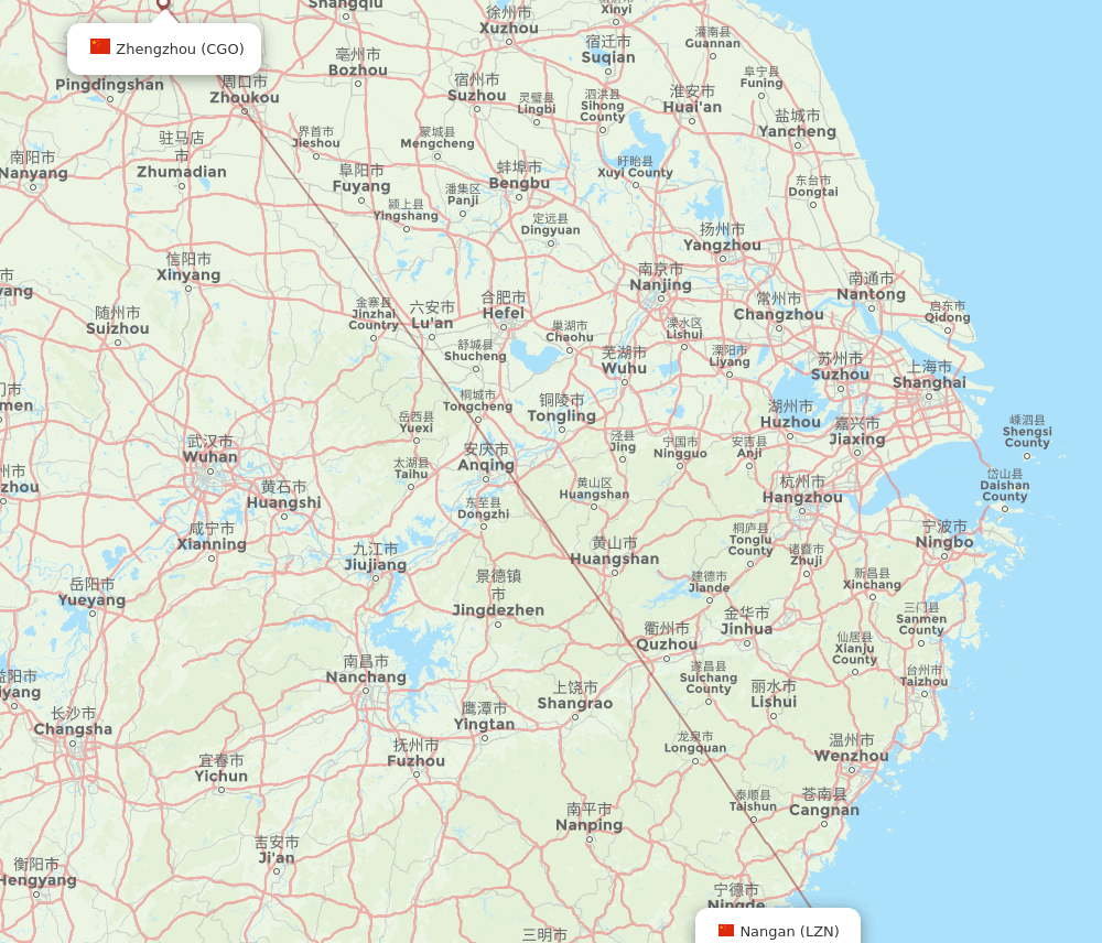 Zhengzhou - Nangan route map and flight paths