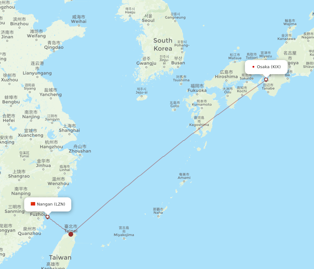 Osaka - Nangan route map and flight paths