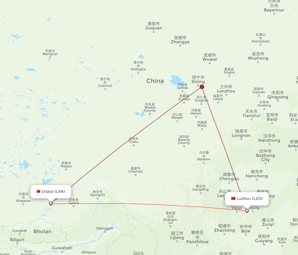 Luzhou - Lhasa/Lasa route map and flight paths