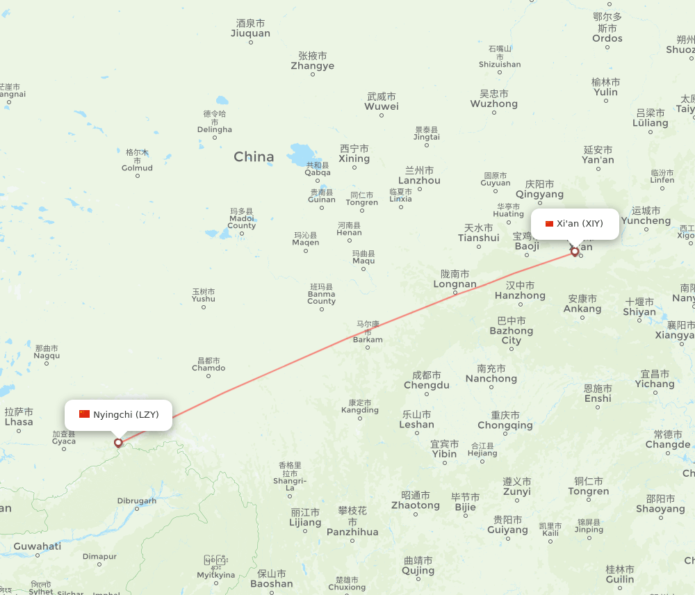 LZY to XIY flights and routes map