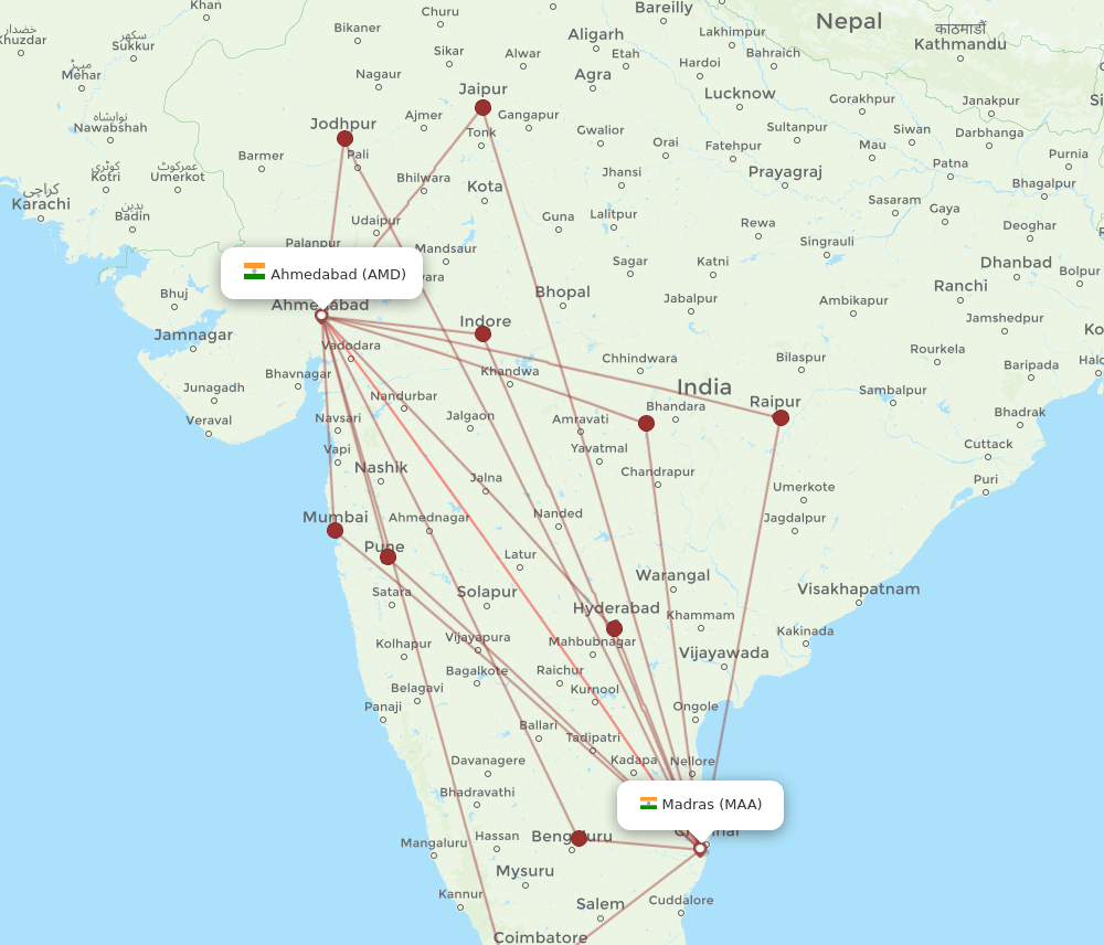 MAA to AMD flights and routes map