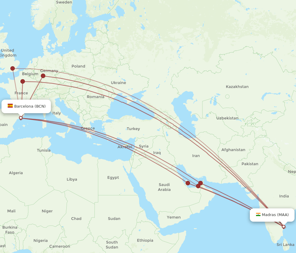 MAA-BCN flight routes