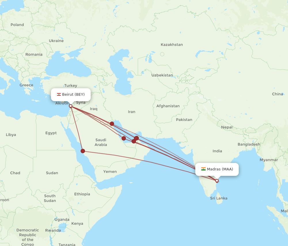 MAA to BEY flights and routes map