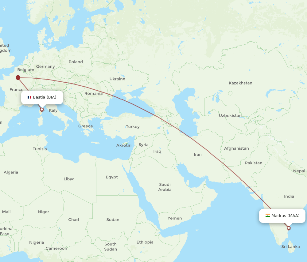 BIA to MAA flights and routes map