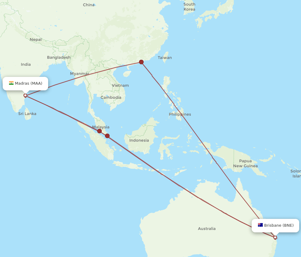 MAA-BNE flight routes