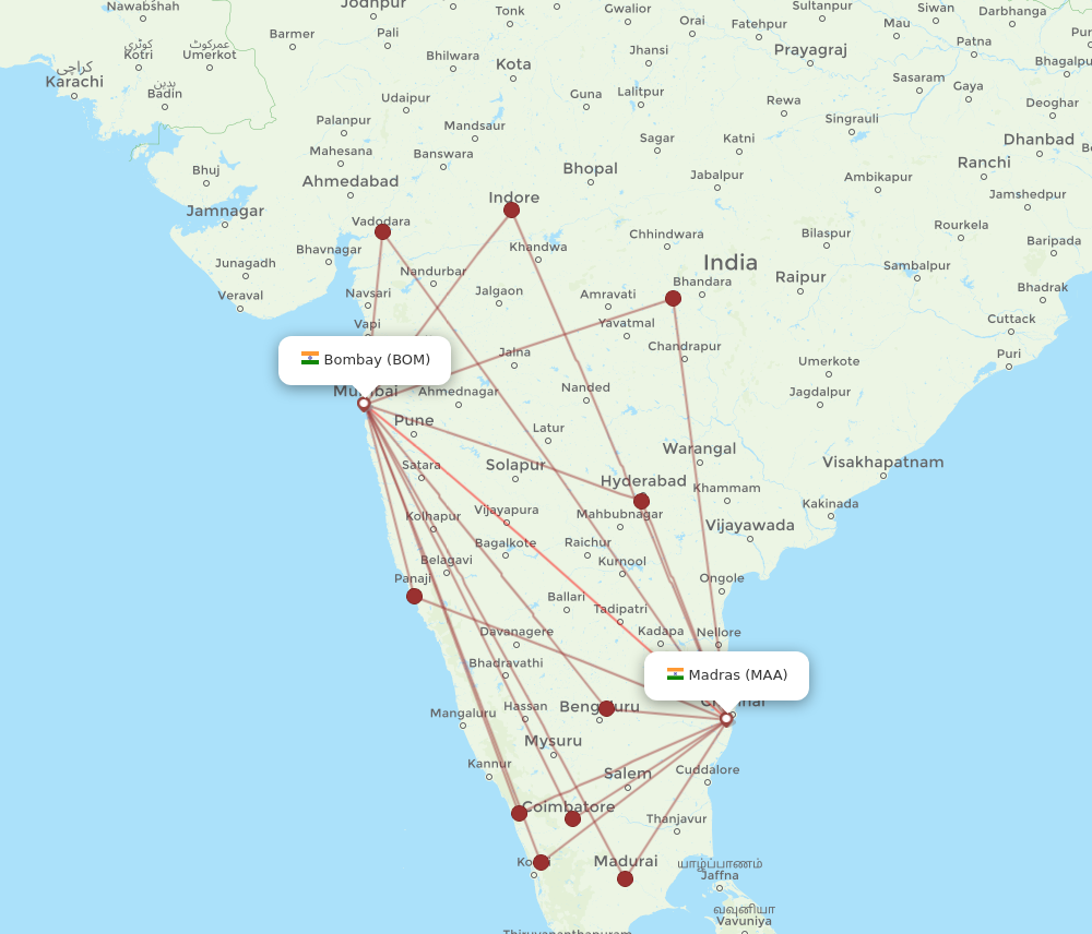 MAA to BOM flights and routes map