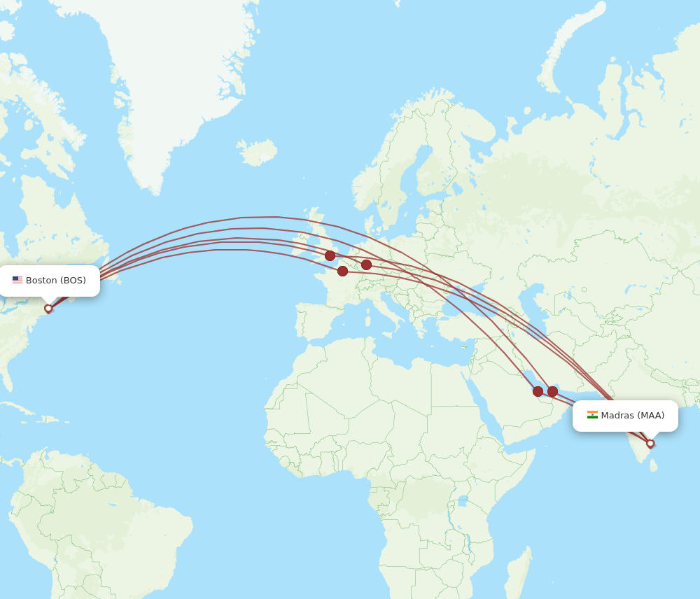 MAA to BOS flights and routes map
