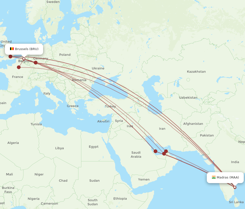 MAA-BRU flight routes