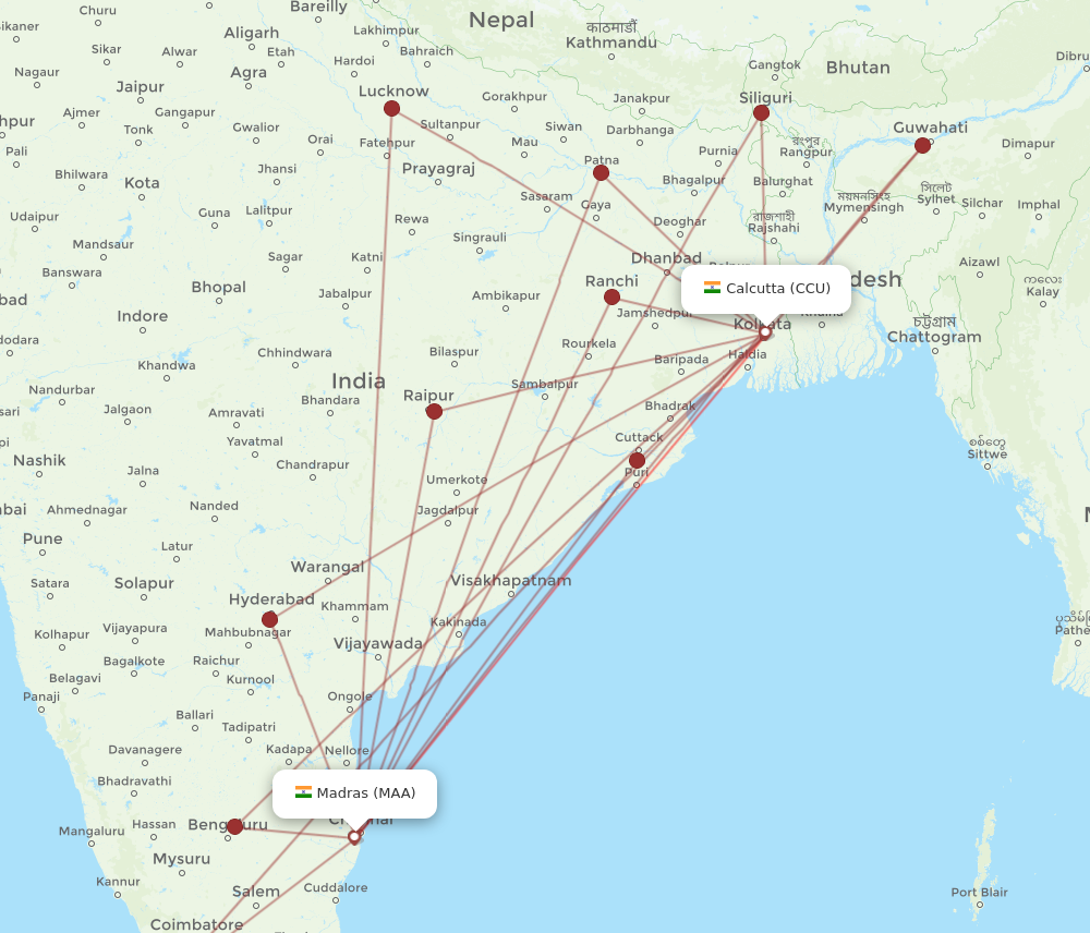 MAA to CCU flights and routes map