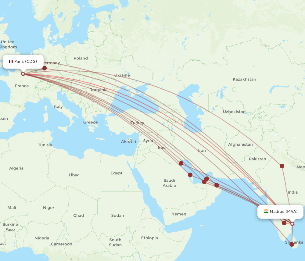 MAA-CDG flight routes