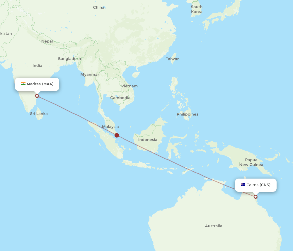 Cairns - Chennai route map and flight paths