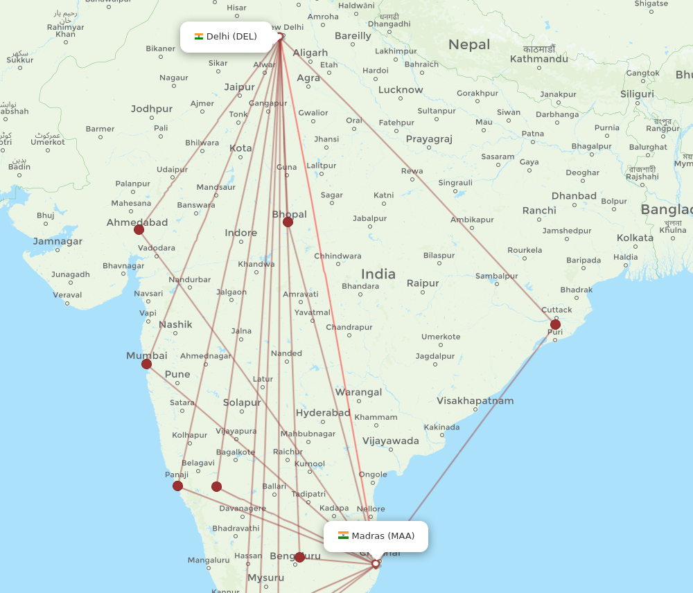 MAA to DEL flights and routes map