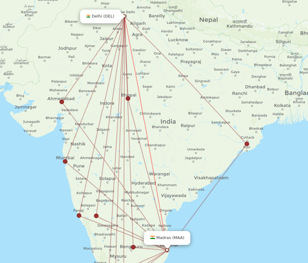 MAA-DEL flight routes